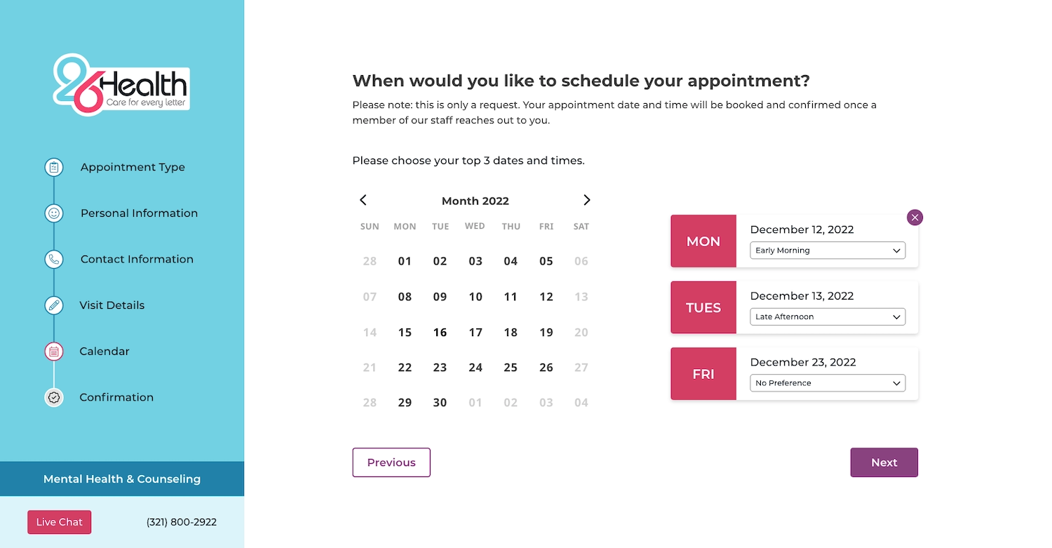 Screenshot of 26Health homepage header
